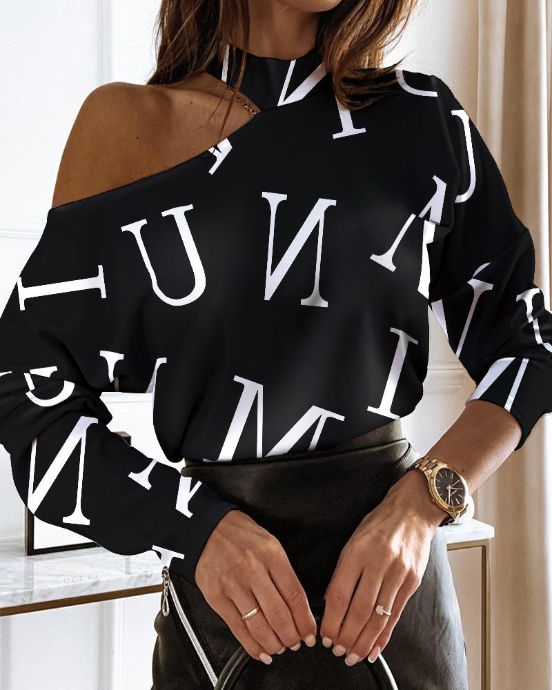 

Letter Print Cold Shoulder Long Sleeve Tee, Black