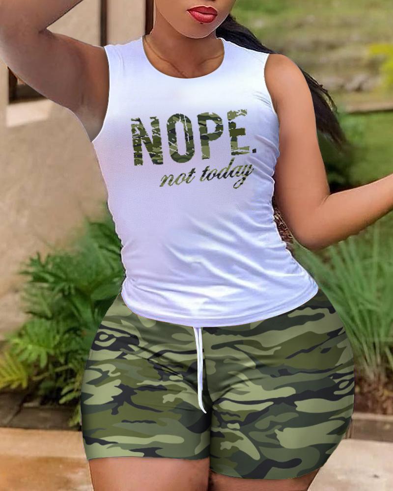 

Nope Not Today Camouflage Print Casual Tank Top & Shorts Set, Green