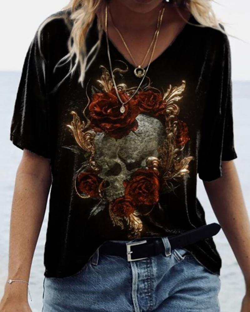 

Halloween Skull Floral Print Short Sleeve Top, Black