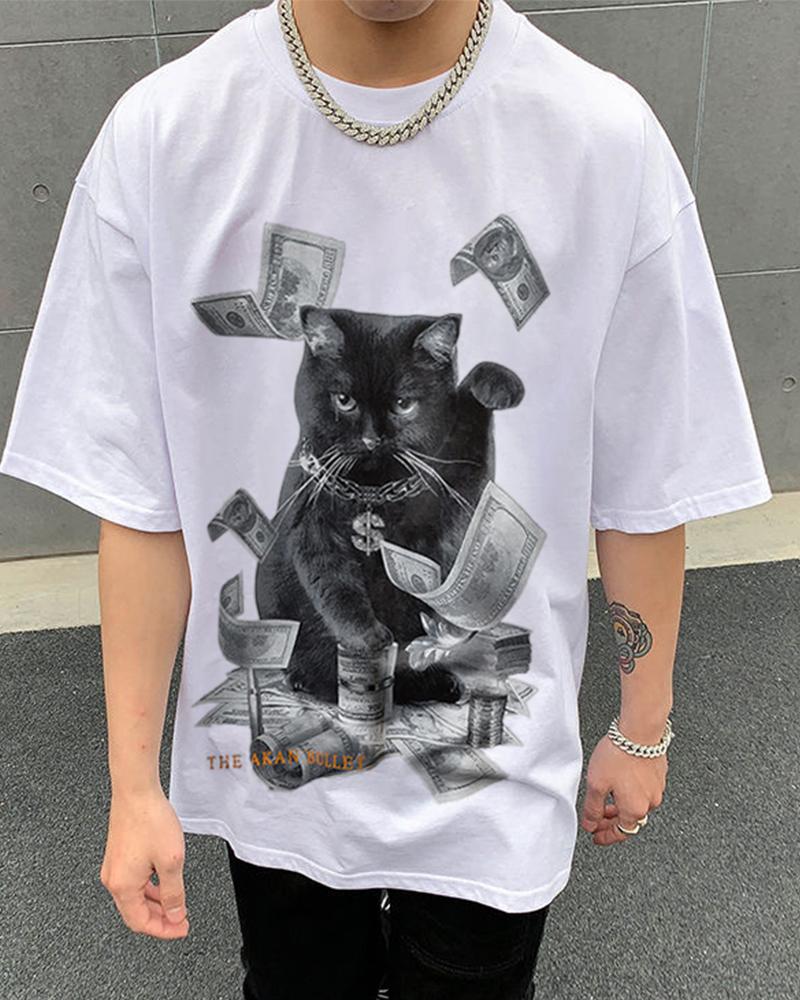 

Hip-hop Kitty Print Short Sleeve Oversize T-shirt, White
