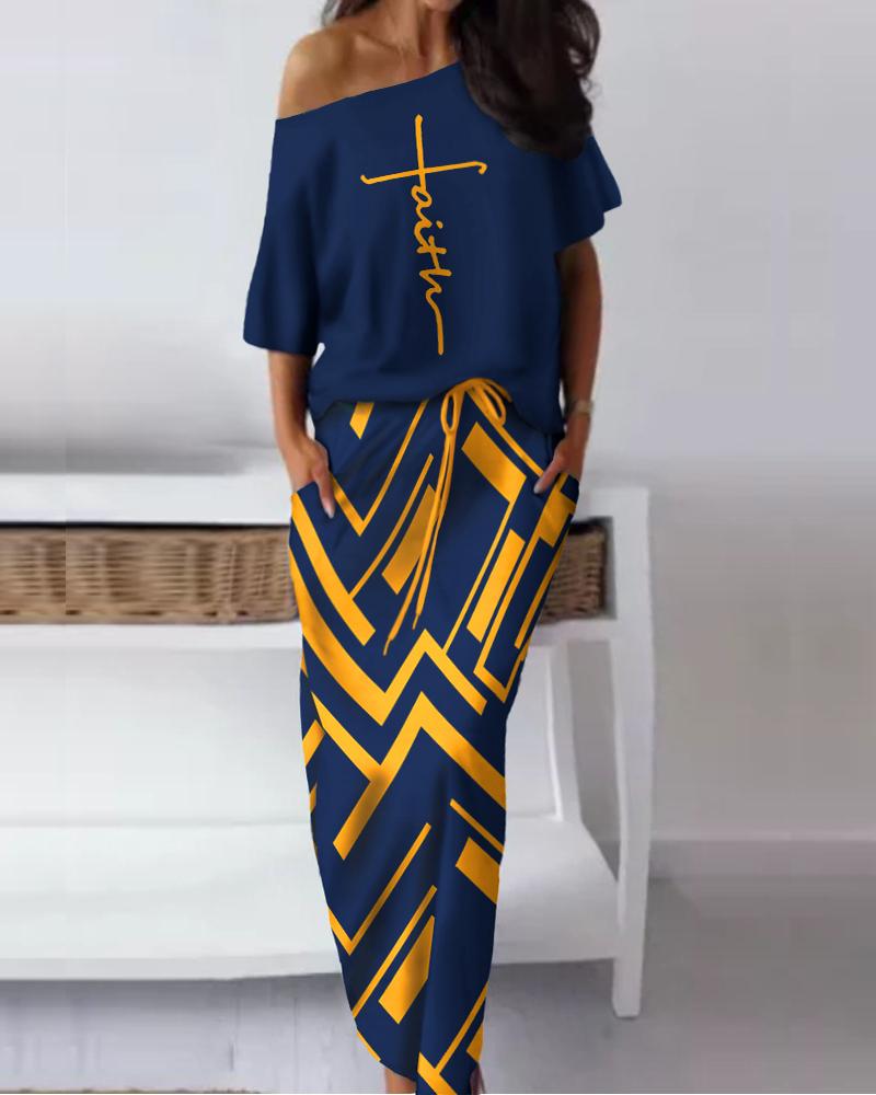 

Faith Geometric Print Top & Drawstring Skirt Set, Blue