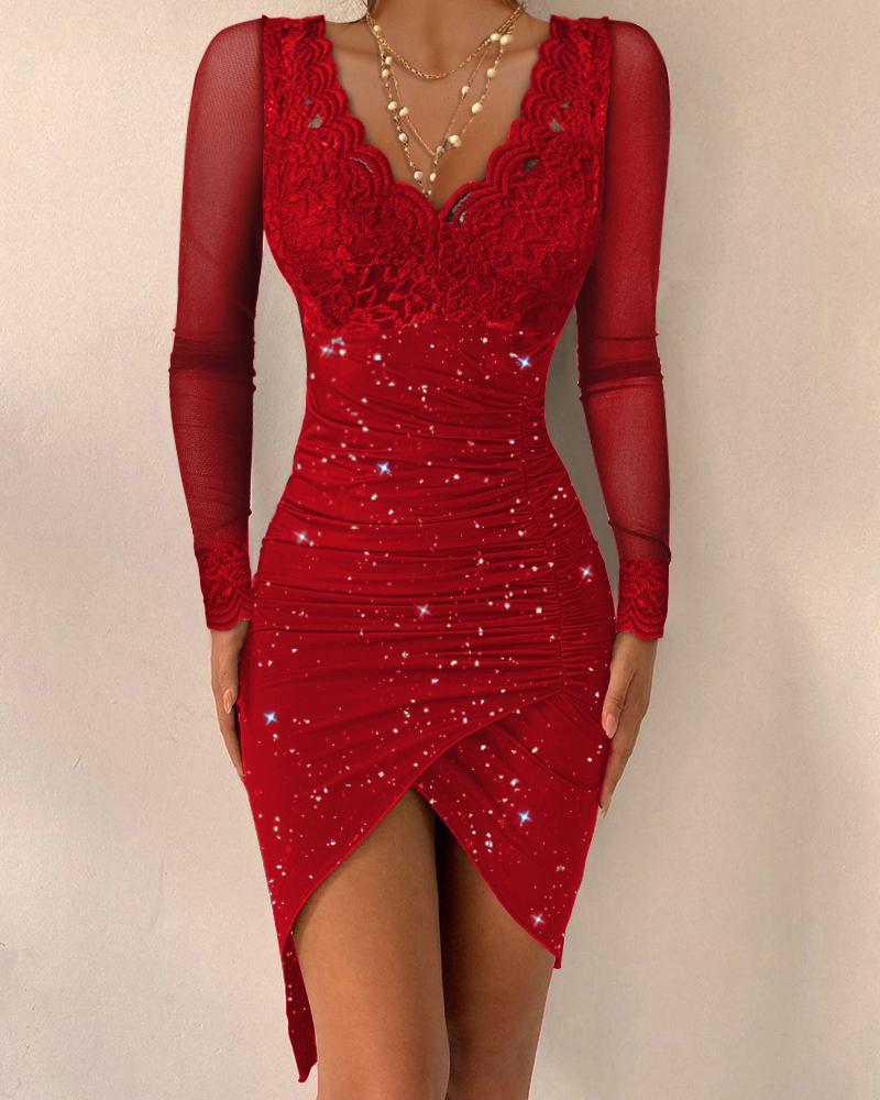 

Contrast Lace Long Sleeve Ruched Glitter Bodycon Dress, Red