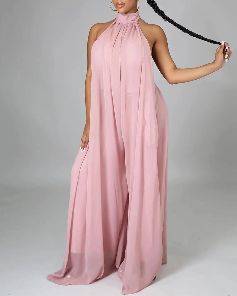 

Halter Backless Ruched Wide Leg Jumpsuit, Pink