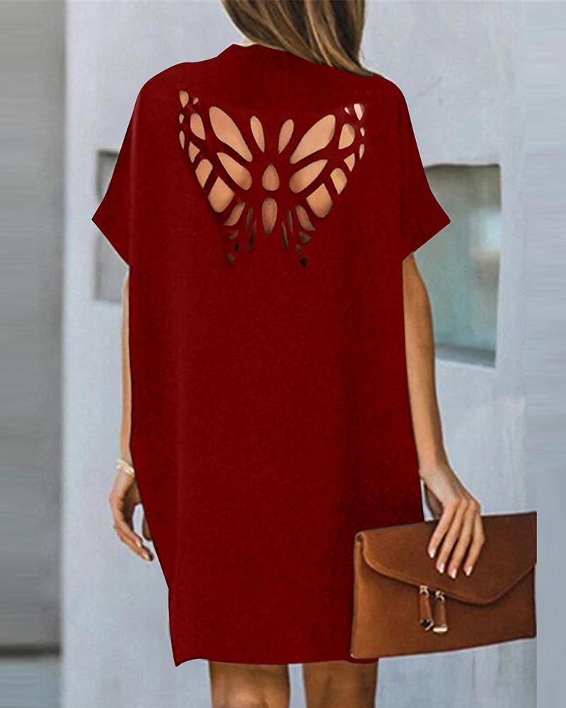 

Butterfly Shaped Hollow-out Casual T-shirt Dress, Red