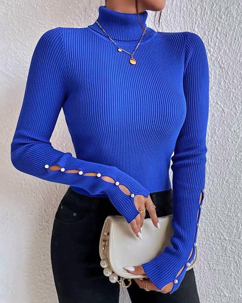 

Hollow Out Beaded Turtleneck Knit Sweater, Blue