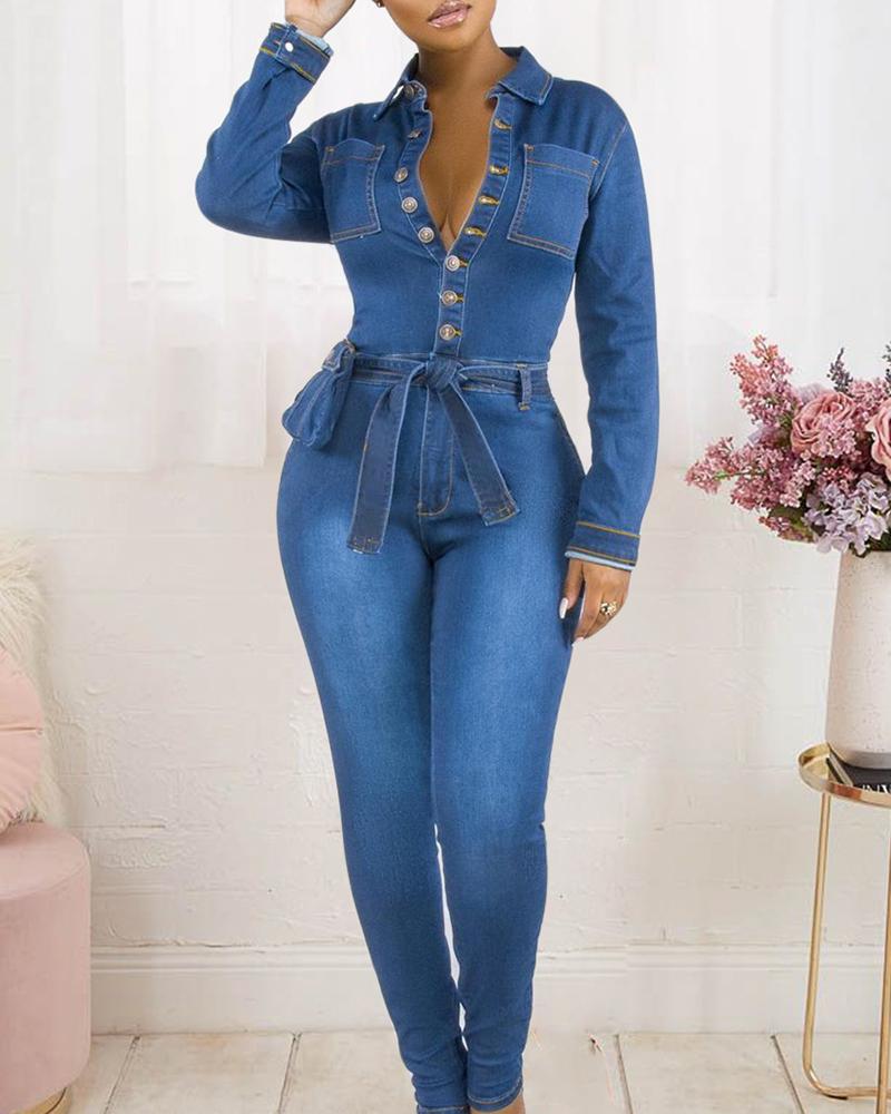 

Button Pocket Design Denim Jumpsuit With Belt Bag, Blue