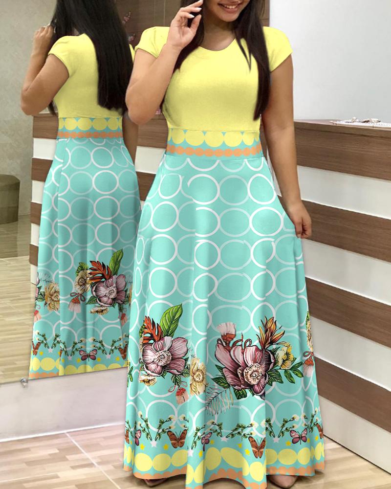 

Plus Size Contrast Geometric Floral Print Short Sleeve Maxi Dress, Multicolor