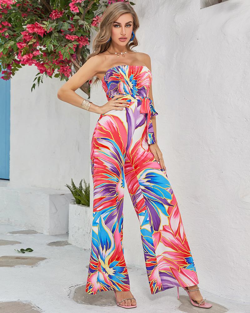 

Floral Print Shirred Bandeau Wide Leg Jumpsuit, Rose red