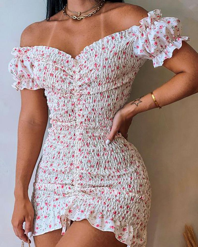 

Ditsy Floral Print Off Shoulder Ruffle Hem Shirred Dress, White