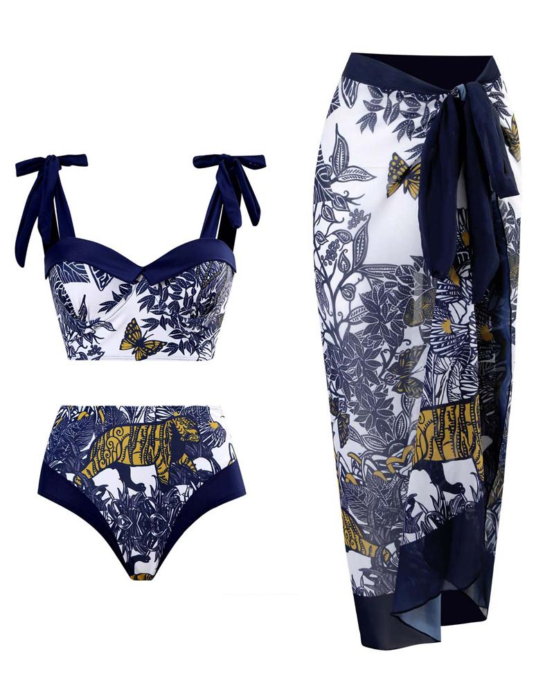 

3PCS Plants Tiger Print Tied Detail Bikini Set With Cover Up, Blue