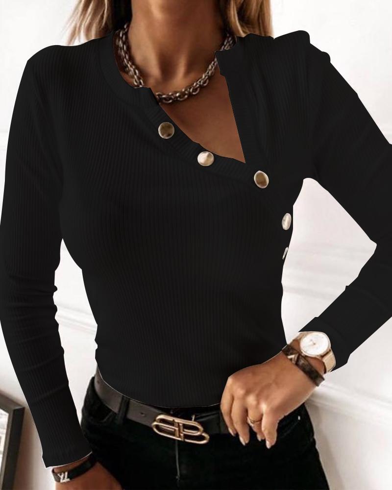 

Long Sleeve Button Decor Ribbed Top, Black