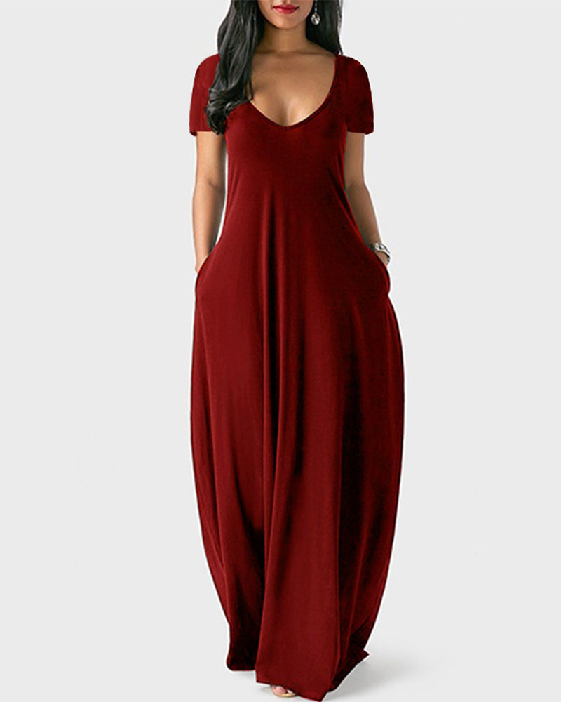 

Short Sleeve V-Neck Casual Maxi Dress, Wine red