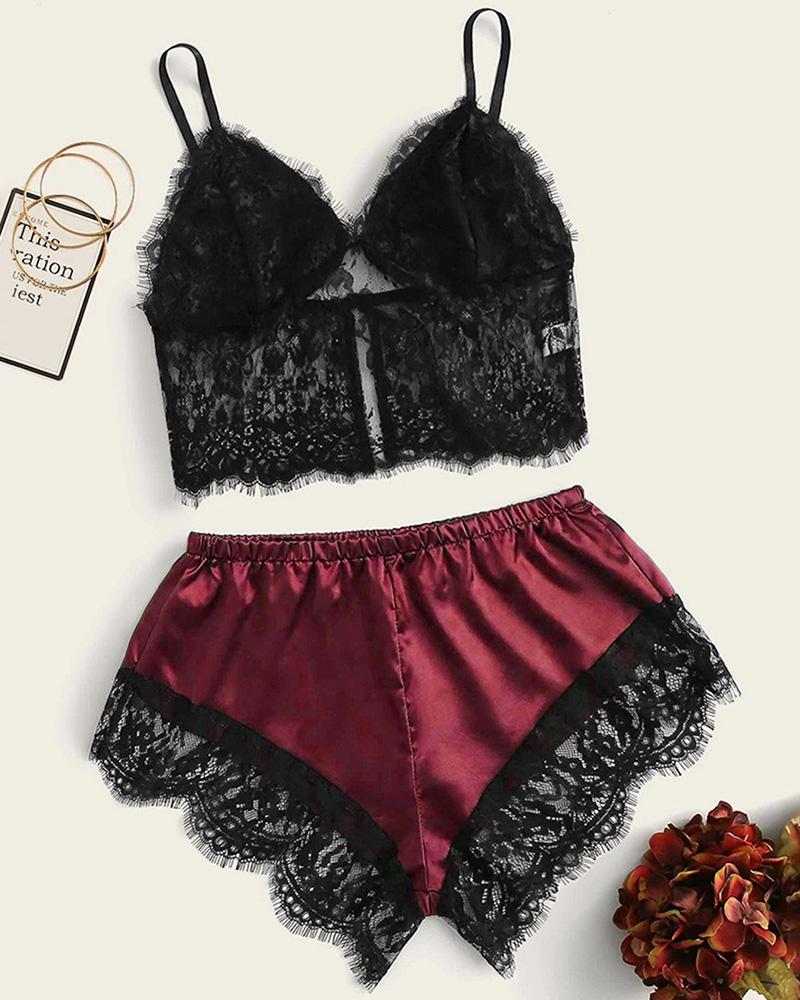 

Eyelash Lace Satin Cami Set, Wine red