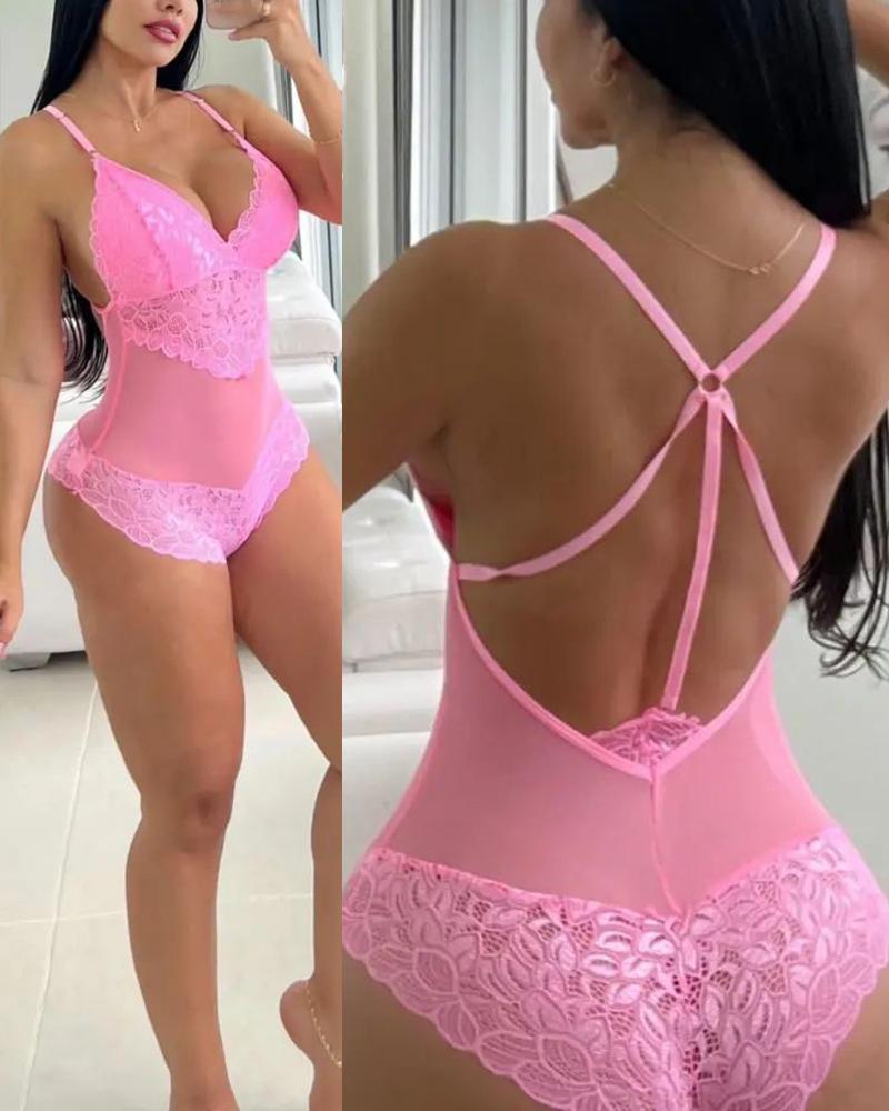 

Crochet Lace Multi-Strap Backless Teddy, Pink