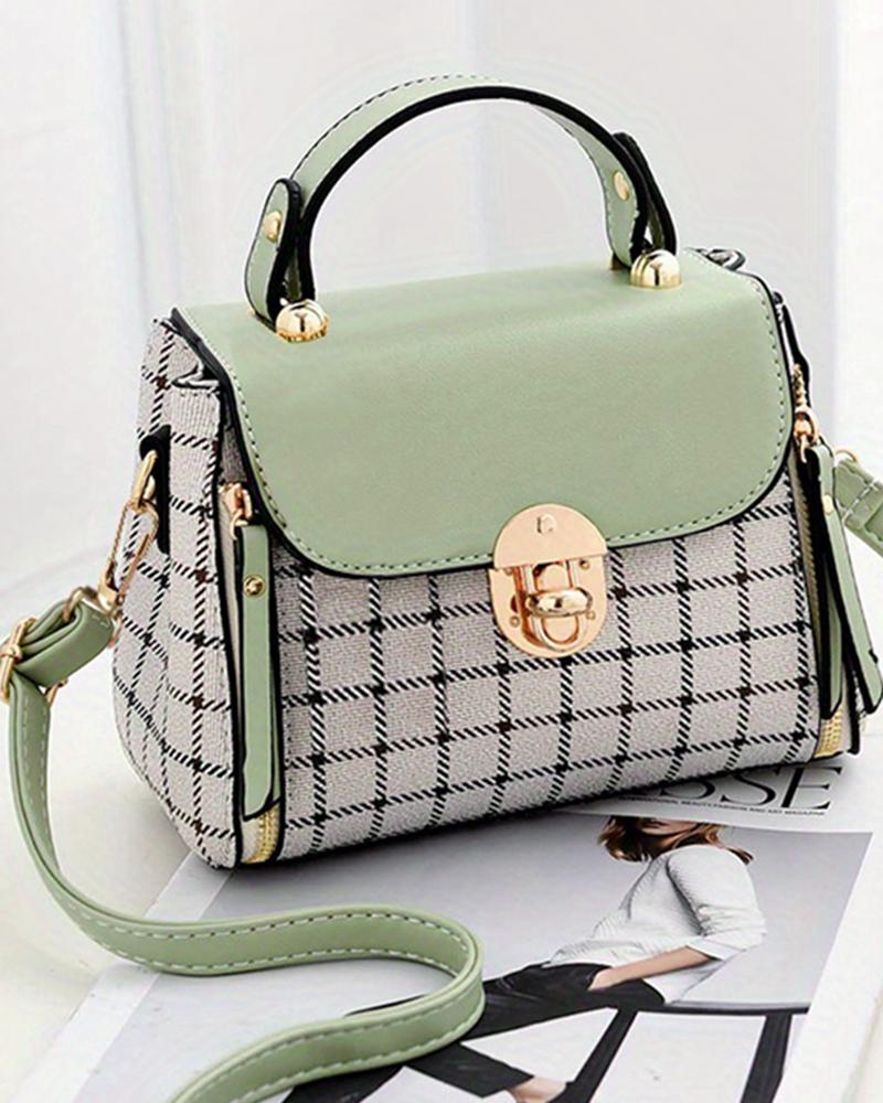 

Plaid Print Twist Lock Satchel Bag, Green