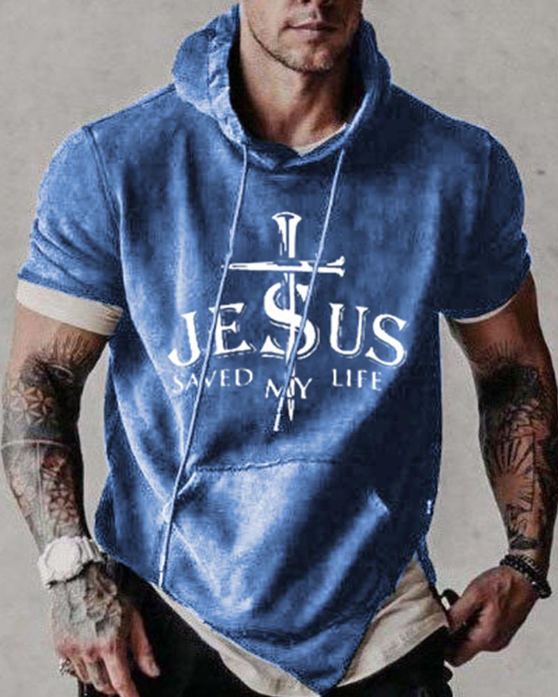 

Letter Print Short Sleeve Loose Hooded Sweatshirts, Blue