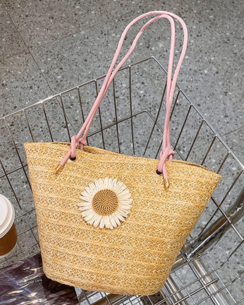 

Daisy Straw Beach Shoulder Bucket Bag, Pink