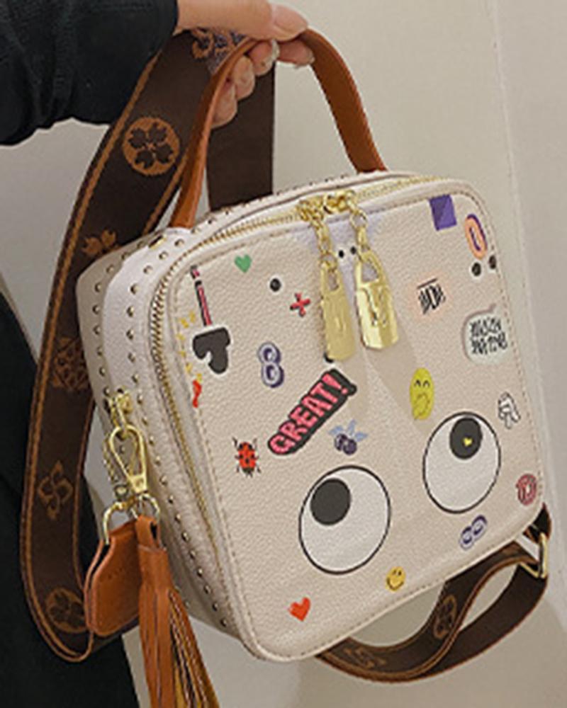 

Cartoon Print Tassel Details Square Handbag, White
