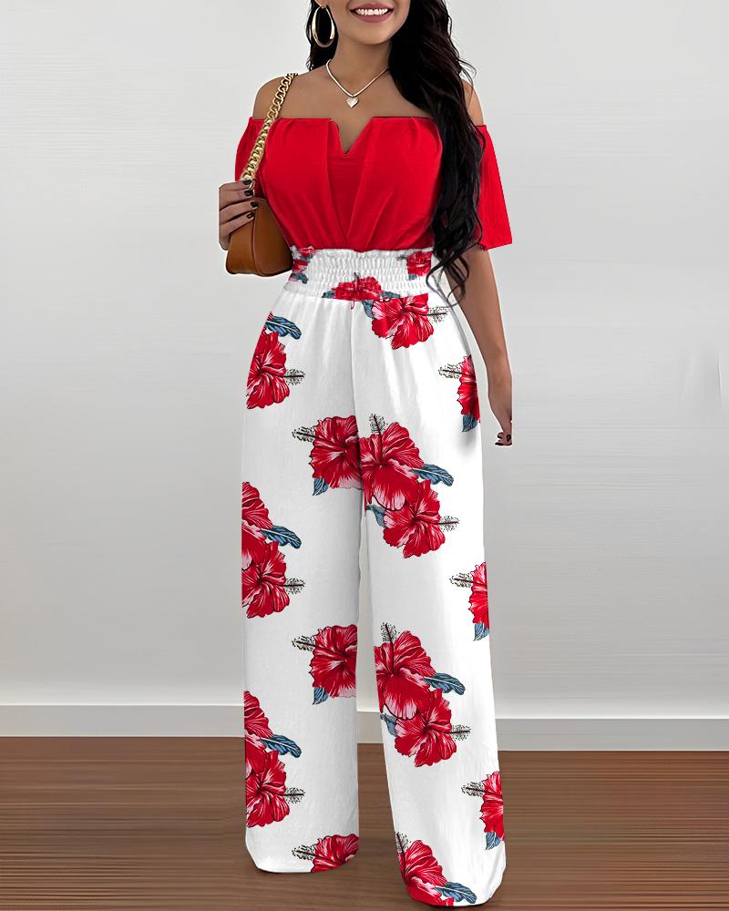 

Floral Print Off Shoulder Shirred Waist Jumpsuit, Red