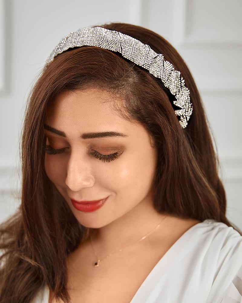 

Allover Rhinestone Ruched Wide Bejeweled Headband Hair Accessories, Silver