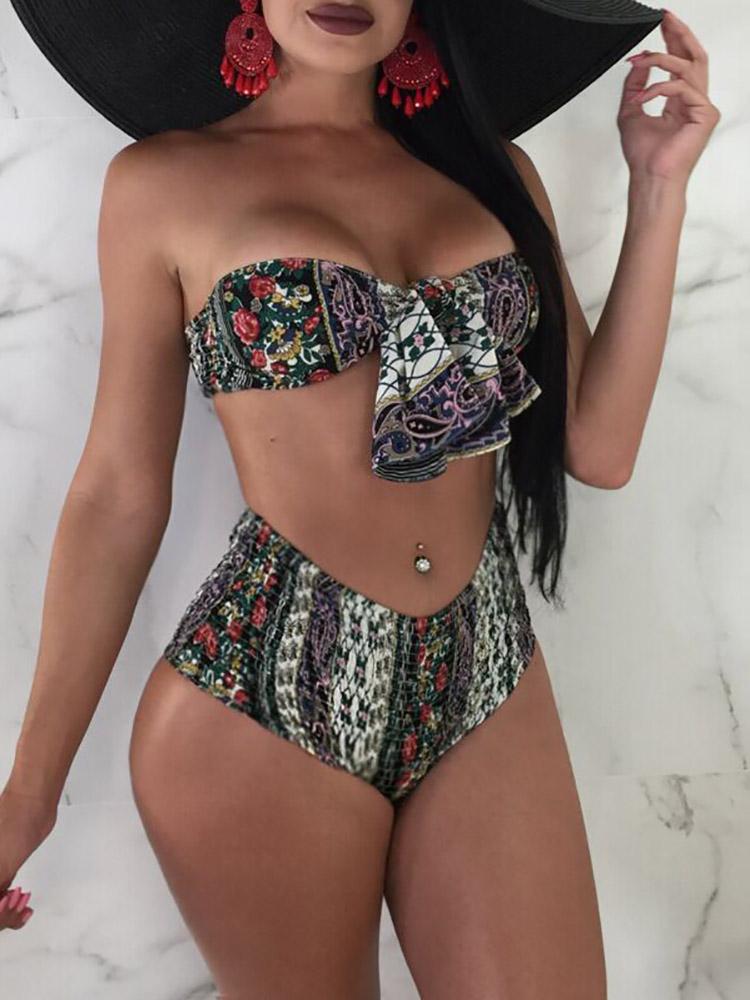 

Sexy Tribal Print Knot Front Bikini Set, Multicolor