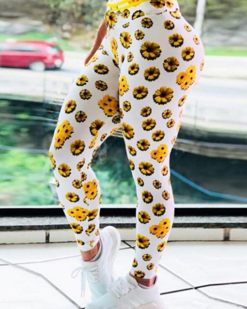 

High Waist Tummy Control Sunflower Print Leggings, Style2