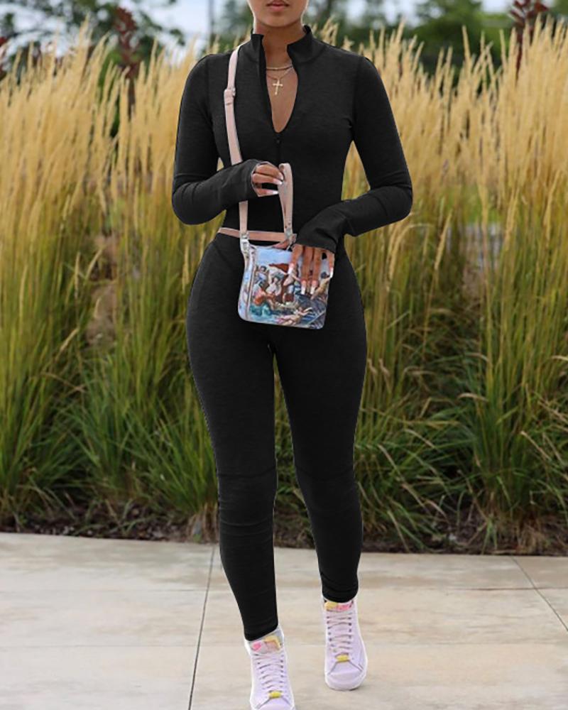 

Stand Collar Plain Long Sleeve Top & Pants Set, Black