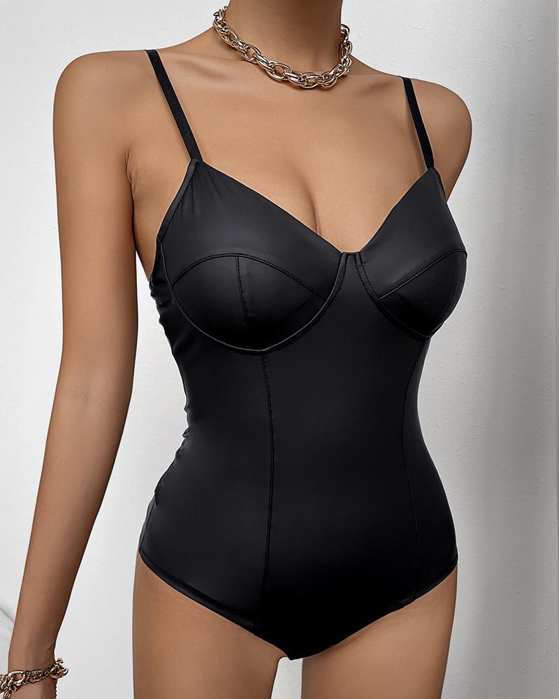 

PU Leather Plunge Sleeveless Skinny Bodysuit, Black