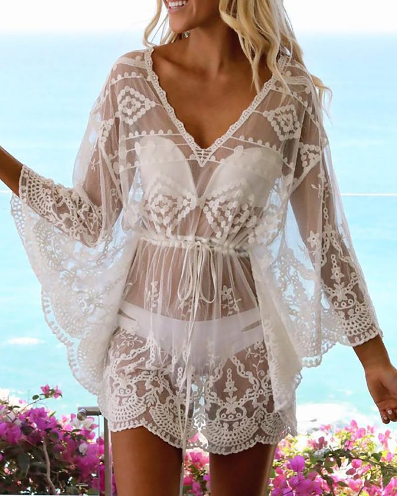 

Crochet Lace Sheer Mesh Cover Up Dress, White