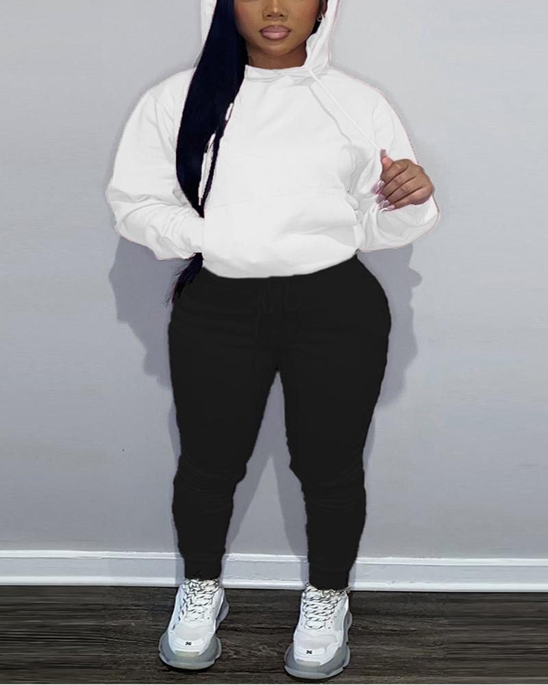 

Plus Size Long Sleeve Drawstring Hoodie & Pants Set, White
