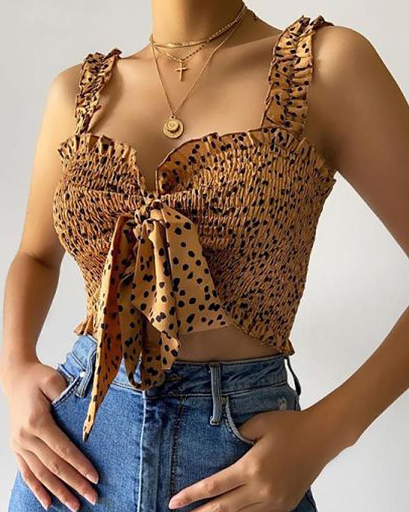 

Frill Hem Knotted Design Shirred Polkadot Print Top, Brown