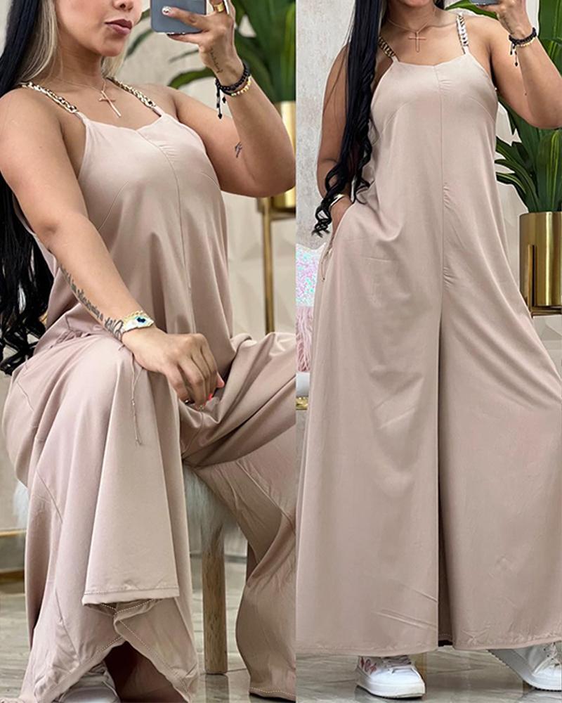 

Chain Strap Pocket Design V-Neck Wide Leg Jumpsuit, Khaki