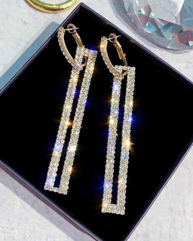 

1Pair Sparkling Rhinestone Geo Decor Hoop Earrings, Gold