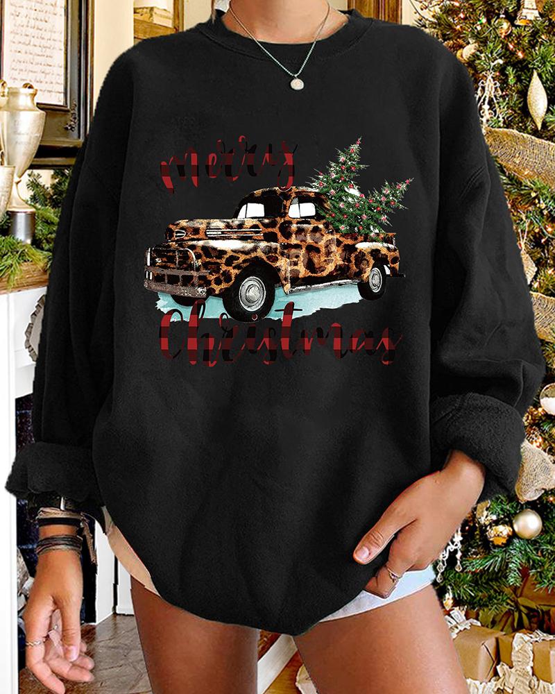 

Christmas Cheetah Car Tree Letter Print Long Sleeve Sweatshirt, Black