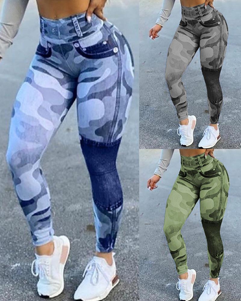 

Camo Denim Look Print High Waist Tummy Control Butt Lift Leggings, Blue