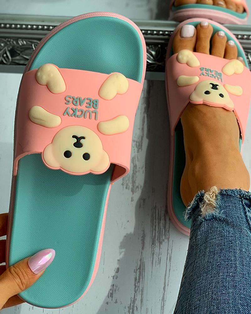 

Cartoon Letter Pattern Colorblock Casual Slippers, Pink