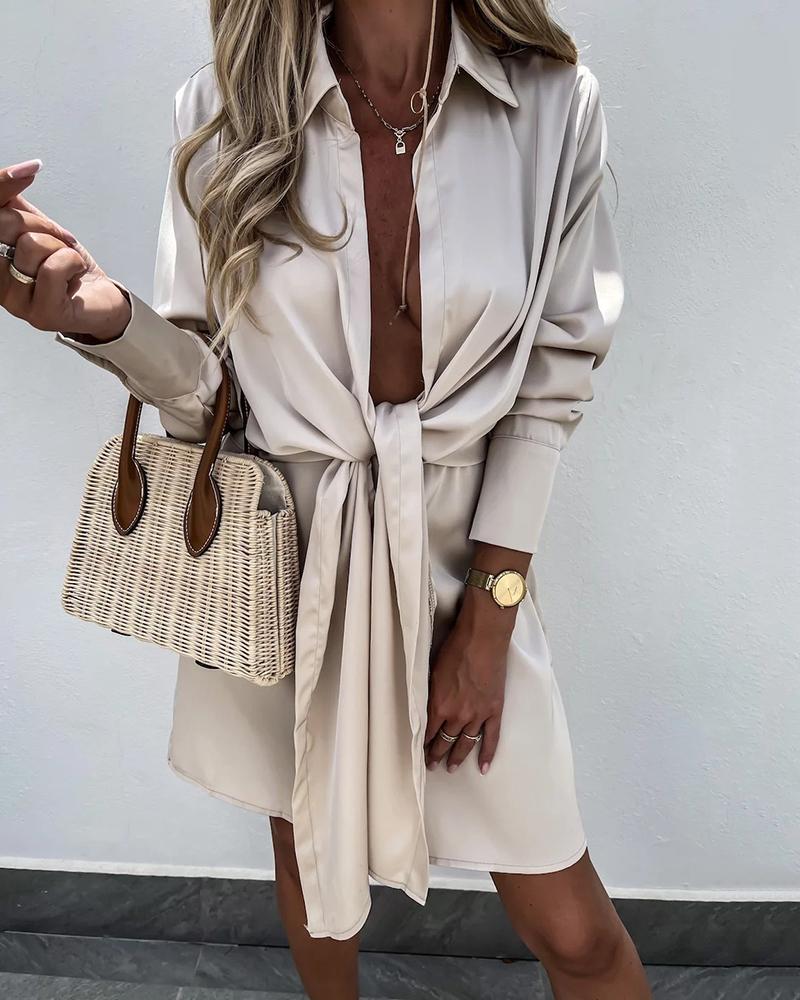 

Long Sleeve Tied Detail Shirt Dress, Apricot