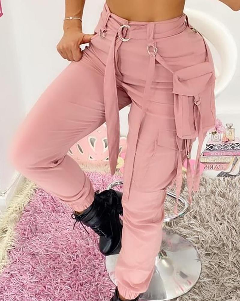 

Pocket Design High Waist Cargo Pants, Pink