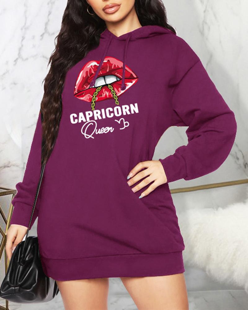 

Lip Letter Print Pocket Design Hooded Dress, Purple