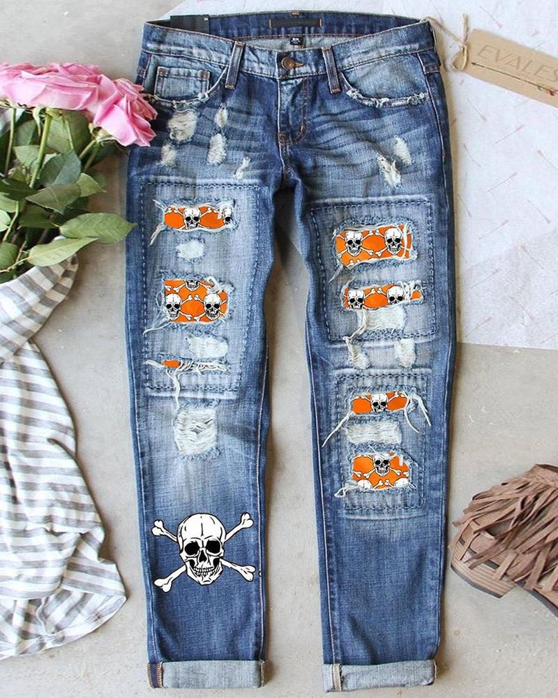 

Halloween Skull Print Ripped Straight Leg Jeans, Blue