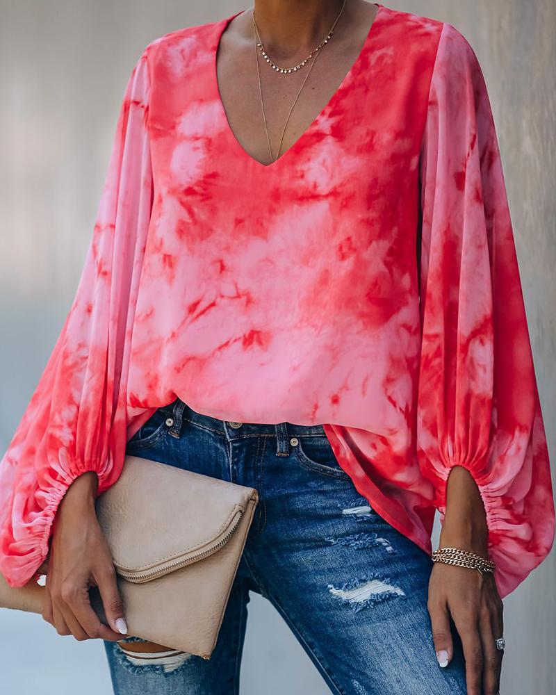 

V Neck Tie Dye Print Batwing Sleeve Blouse, Red