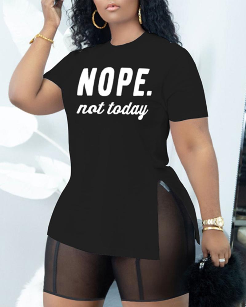 

Letter Print Split Hem Top & Sheer Mesh Shorts Set, Black