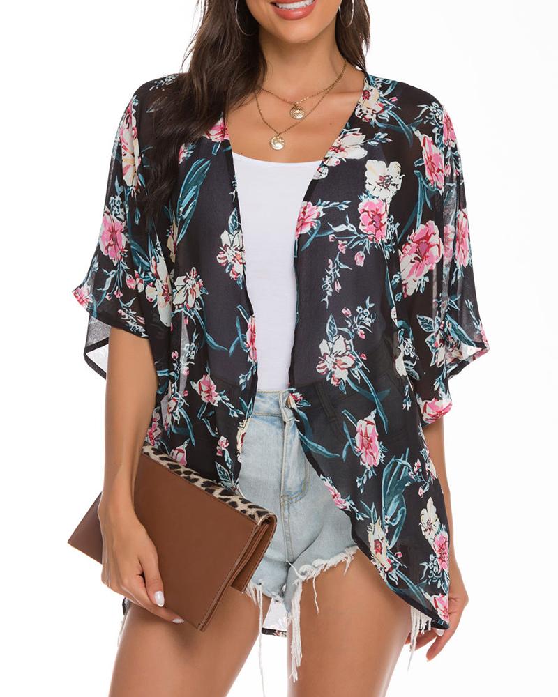 

Floral Print Short Sleeve Cover Up, Style2