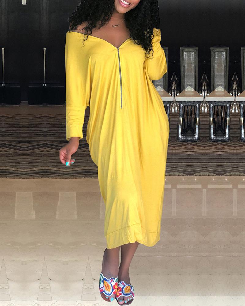 

Solid Color Splicing Zipper Long Sleeve Maxi Dress, Yellow