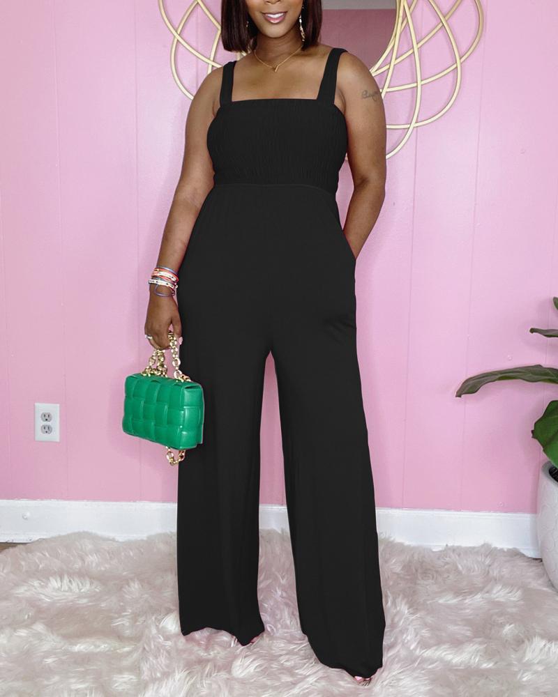 

Pocket Detail Thick Strap Shirred Jumpsuit, Black