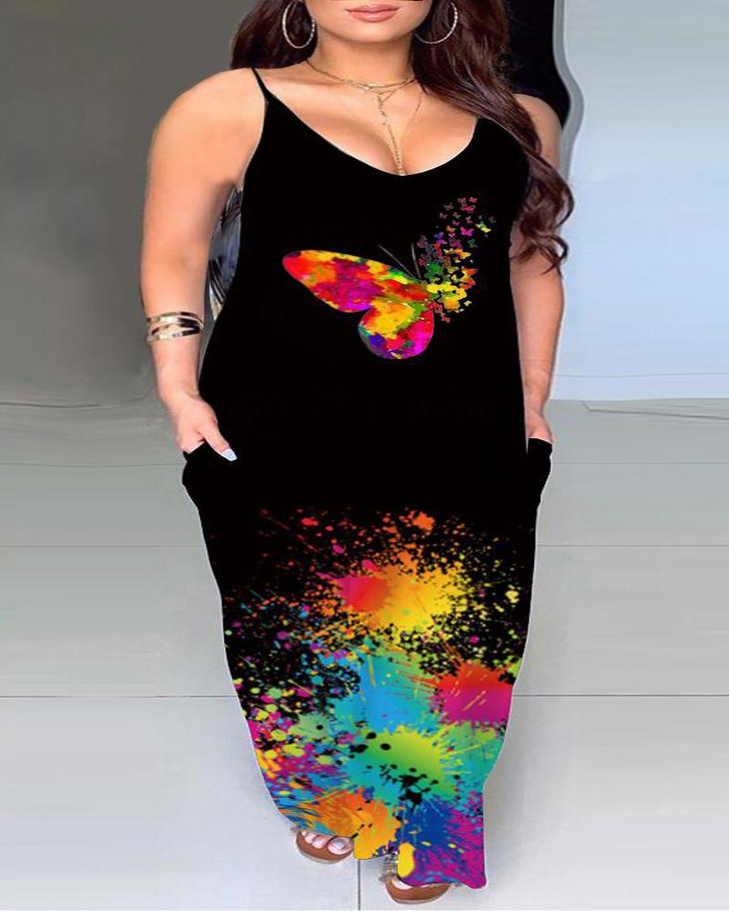 

Plus Size Ink Splash Butterfly Print Maxi Dress, Black