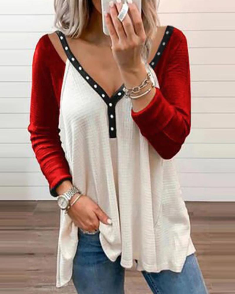 

Colorblock V Neck Patchwork Top, Red