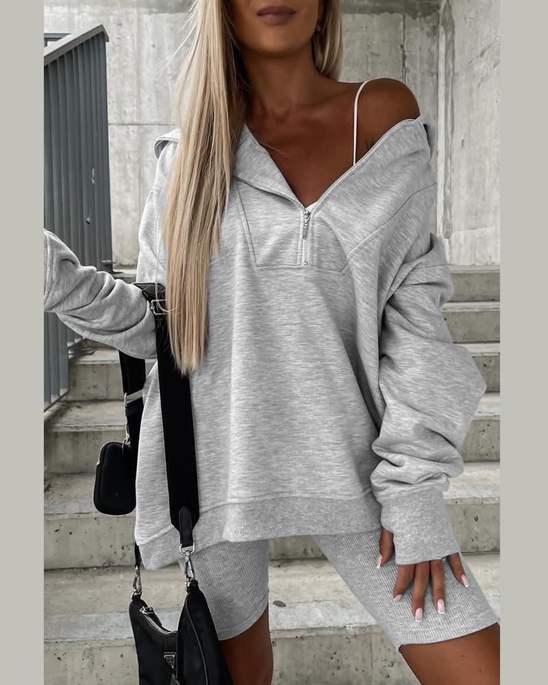 

Zipper Design Hooded Sweatshirt & Sweat Shorts Set, Gray