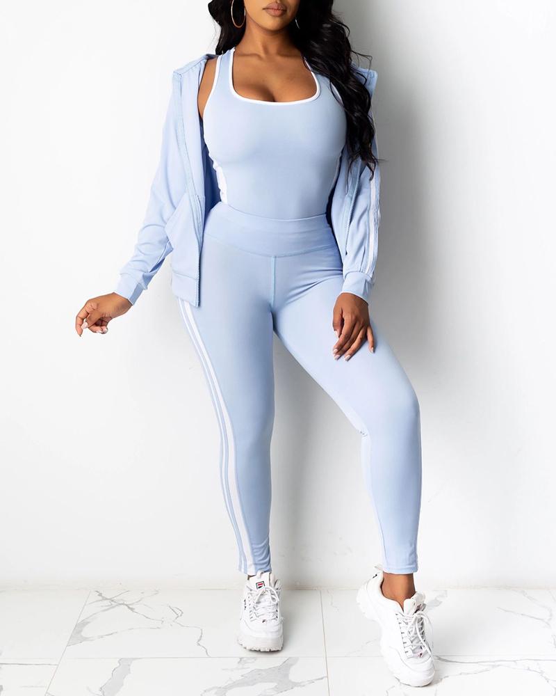 

Contrast Binding Top & Striped Tape Pants & Hooded Coat Set, Light blue