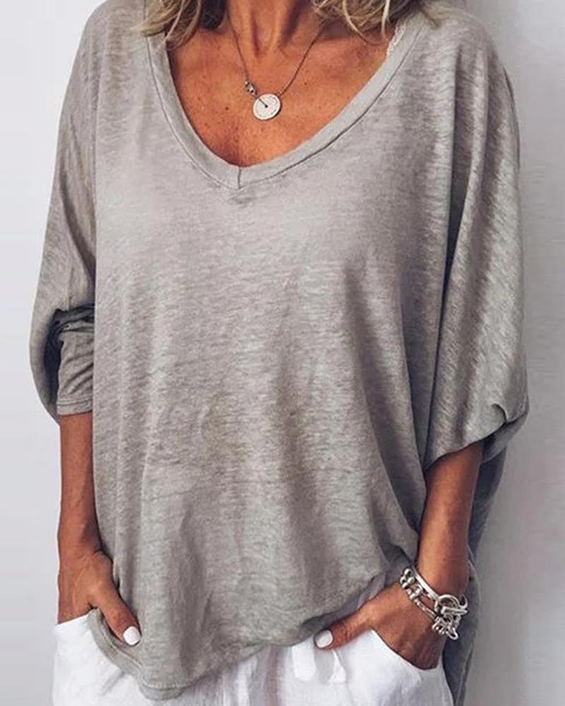 

Plus Size V-Neck Batwing Sleeve Casual Top, Gray